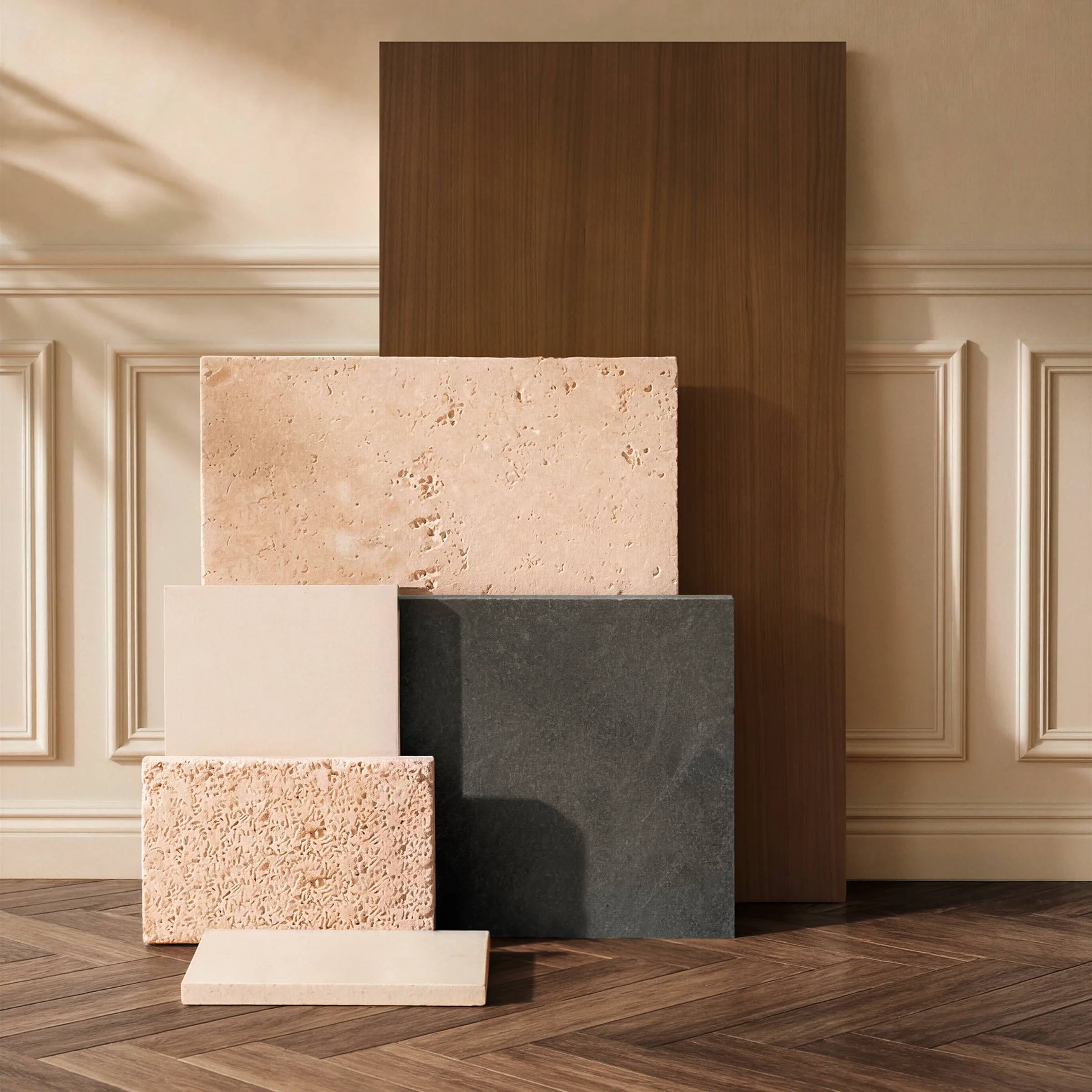 Various material samples are displayed in front of a wall.