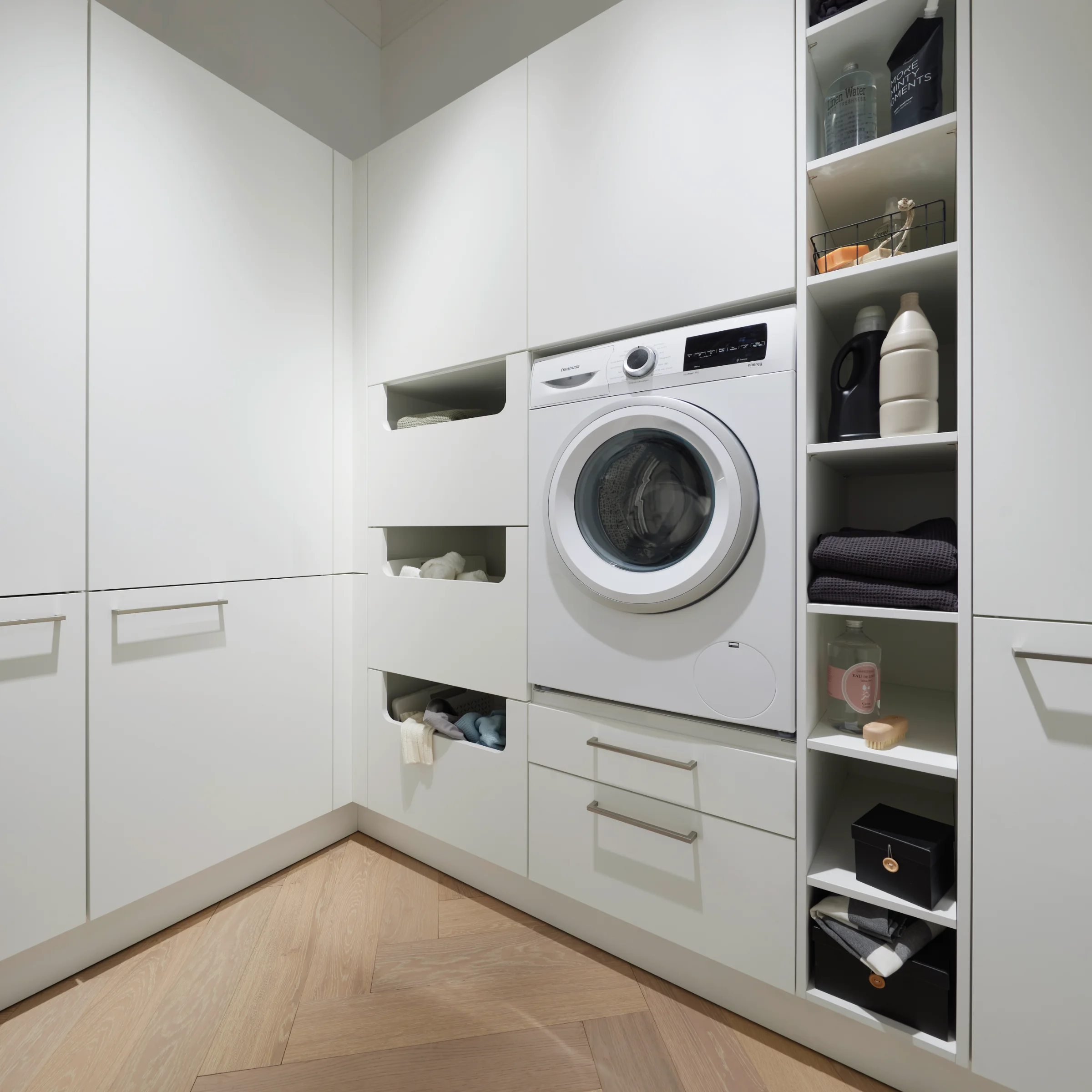 Une buanderie moderne avec machine à laver et étagères, conçue par Nolte Utility Rooms.
