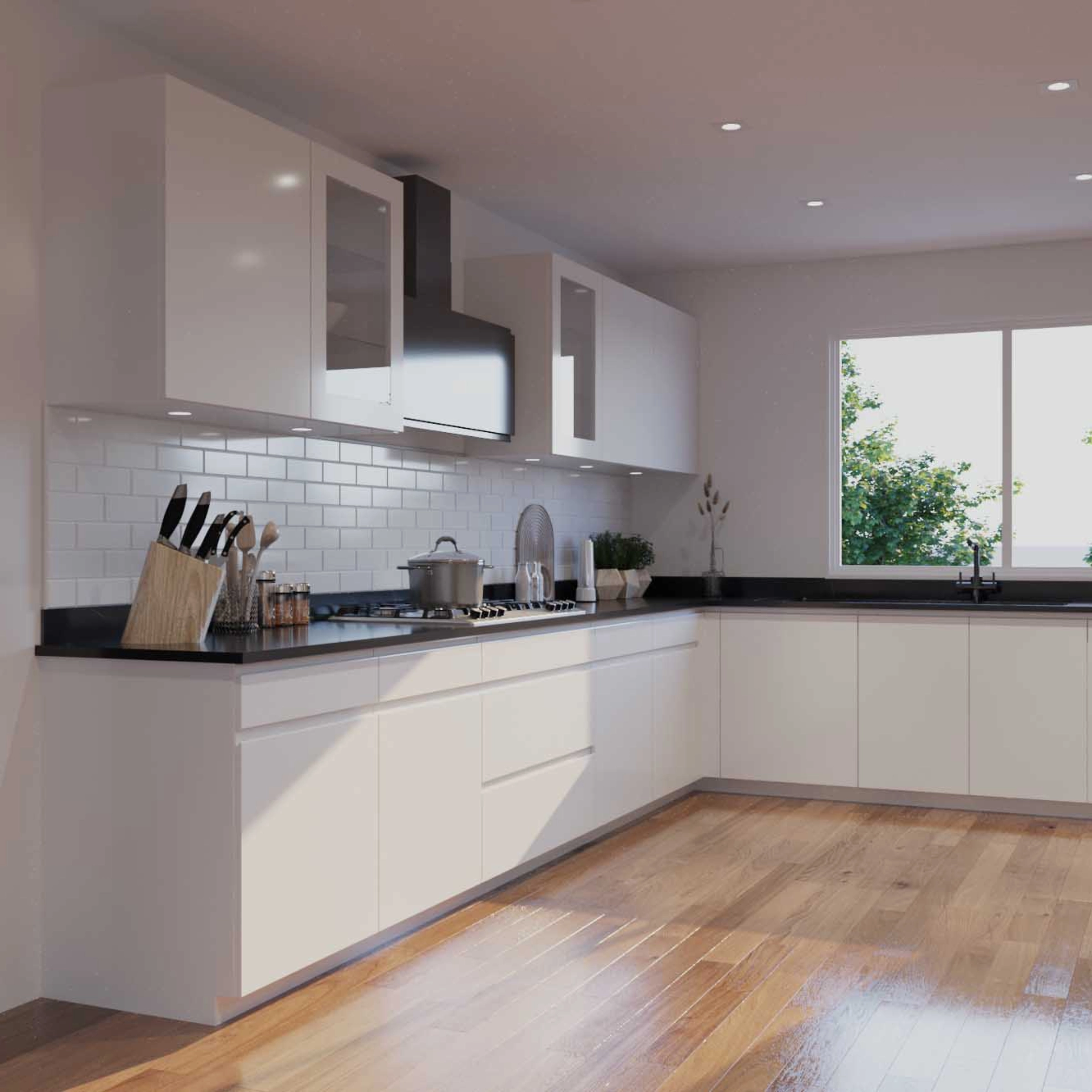 Nowoczesna kuchnia z białymi szafkami i drewnianą podłogą, zaprojektowana przez Nolte Kitchen.