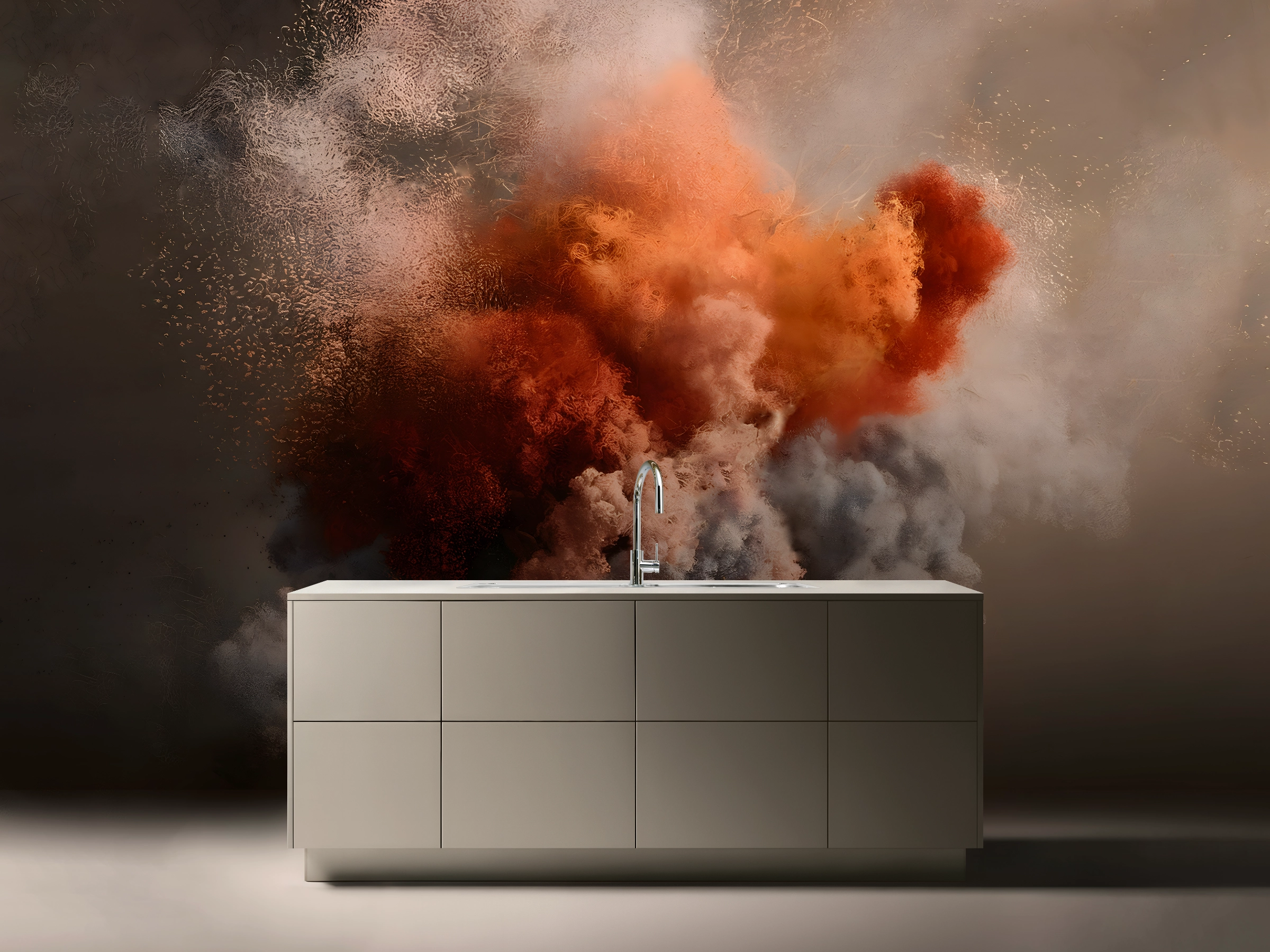 A modern Nolte kitchen set against a dramatic explosion of colors in the background.