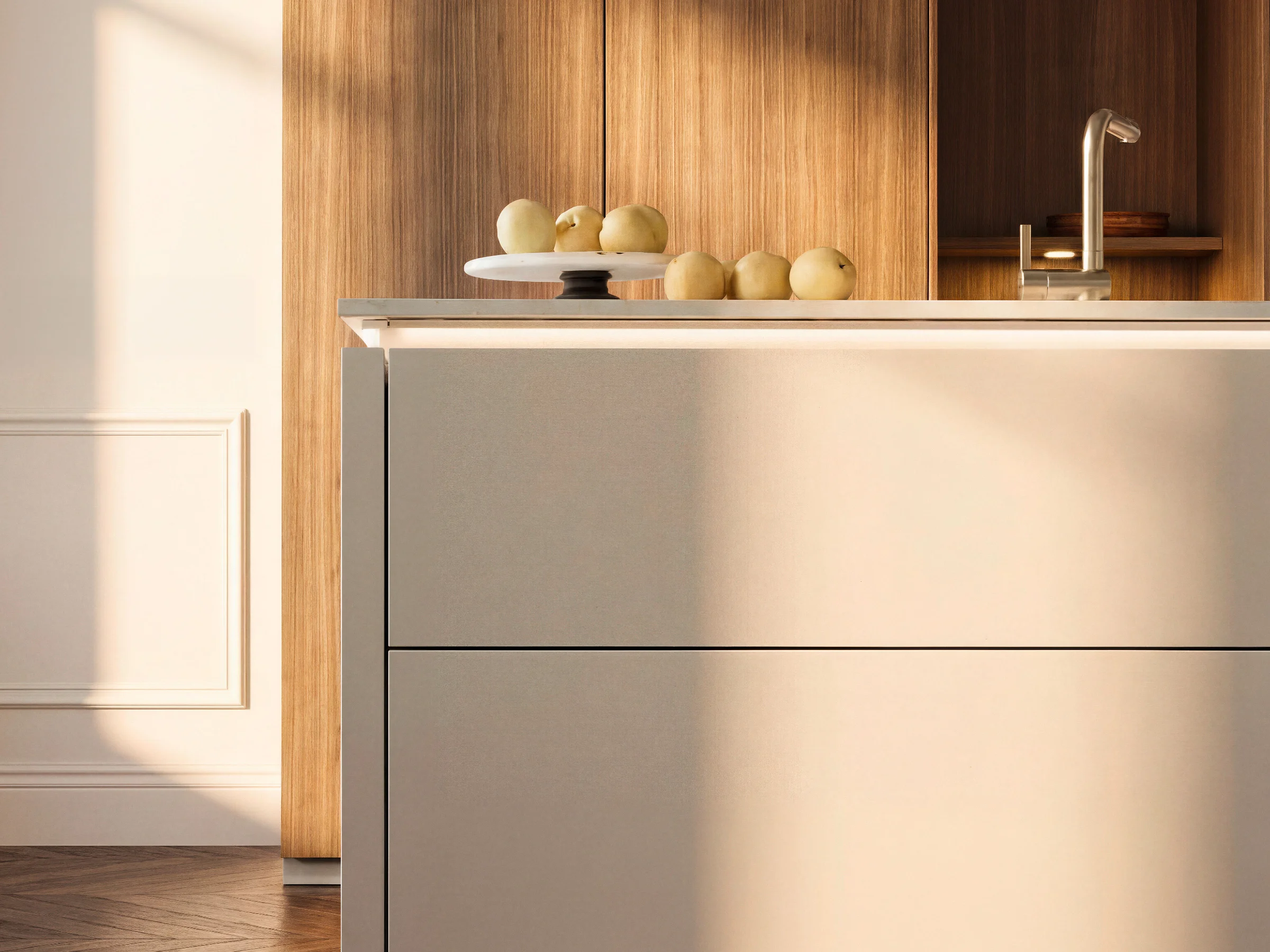 Eine moderne Küche mit Holzschränken und einer weißen Insel, Nolte Küchen.