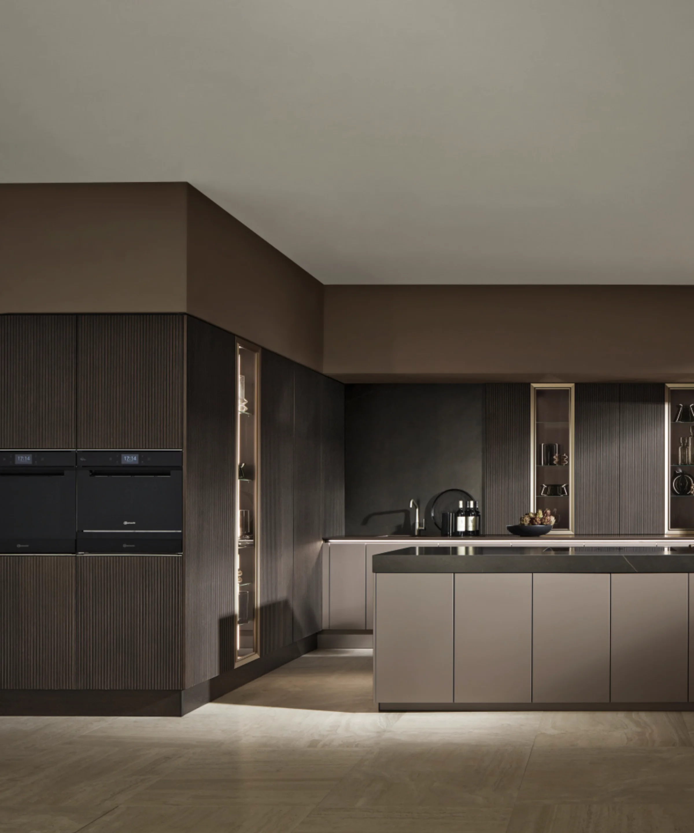 Eine moderne, minimalistische Küche mit dunklen Holzelementen und Insel, Nolte Küchen.