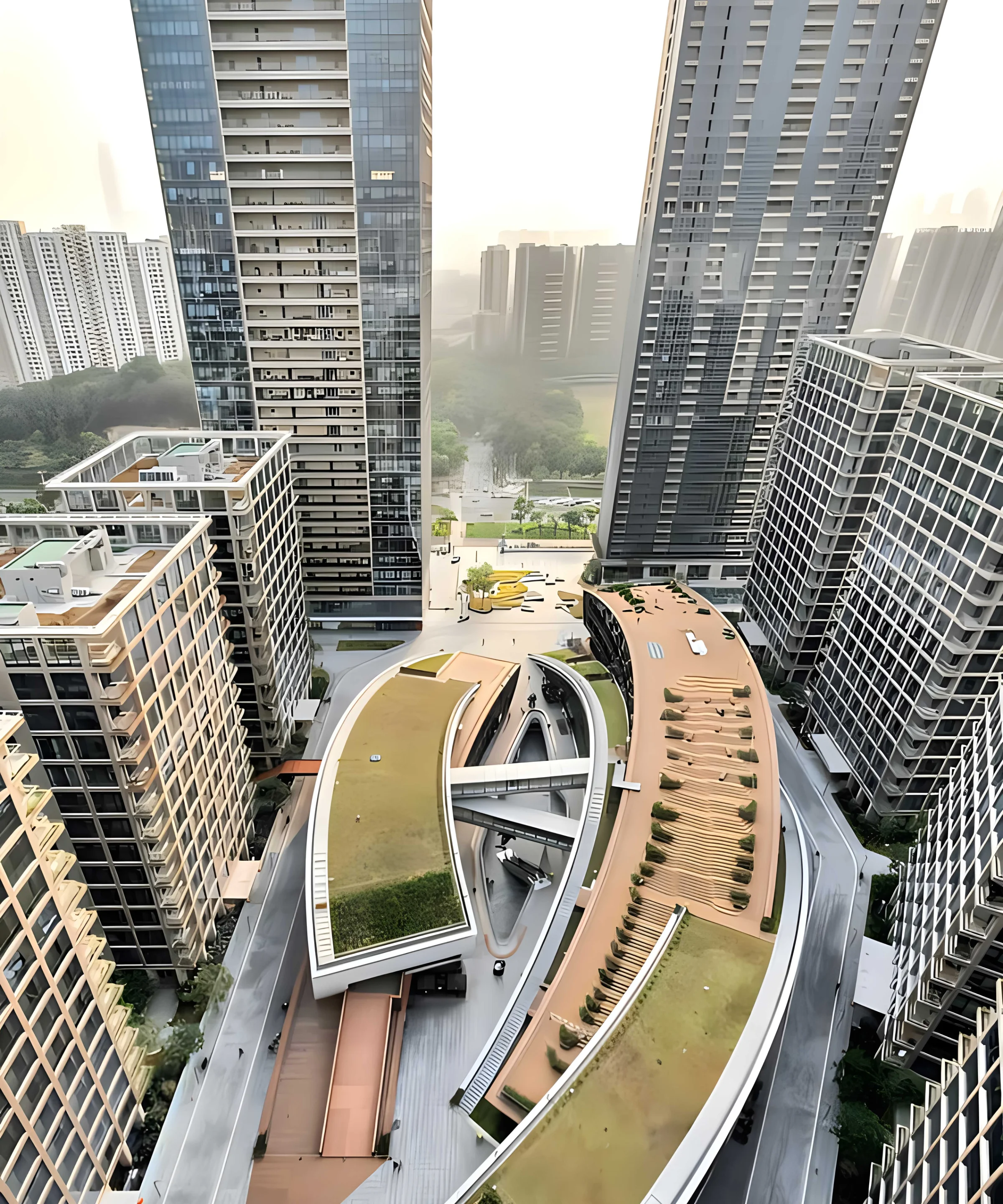Modern skyscrapers with green roofs surrounded by urban landscape.