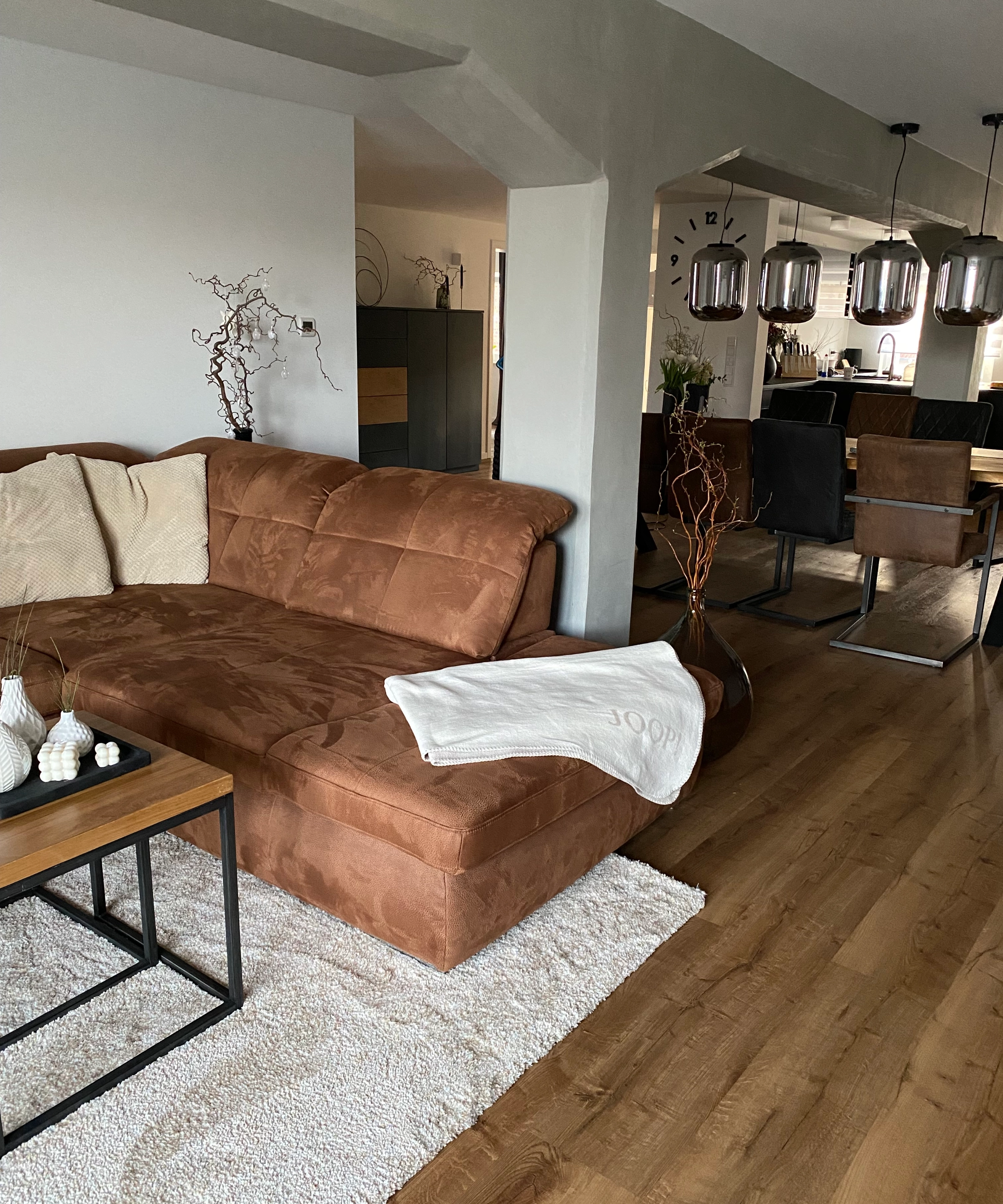 Un salon moderne avec canapé marron et coin repas; Nolte Living.
