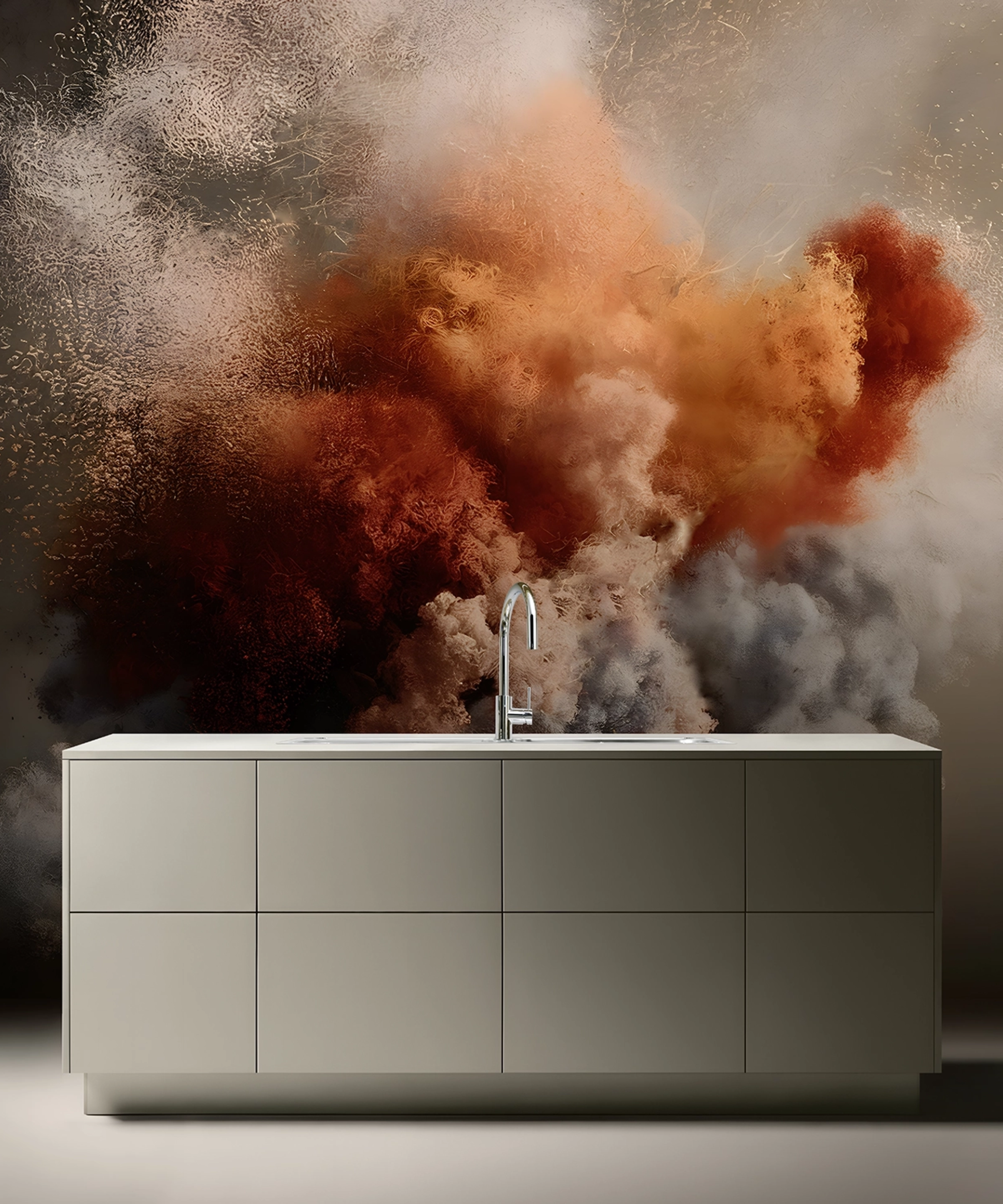 Cuisine moderne avec îlot central et fumée artistique en arrière-plan, Nolte Kitchen.