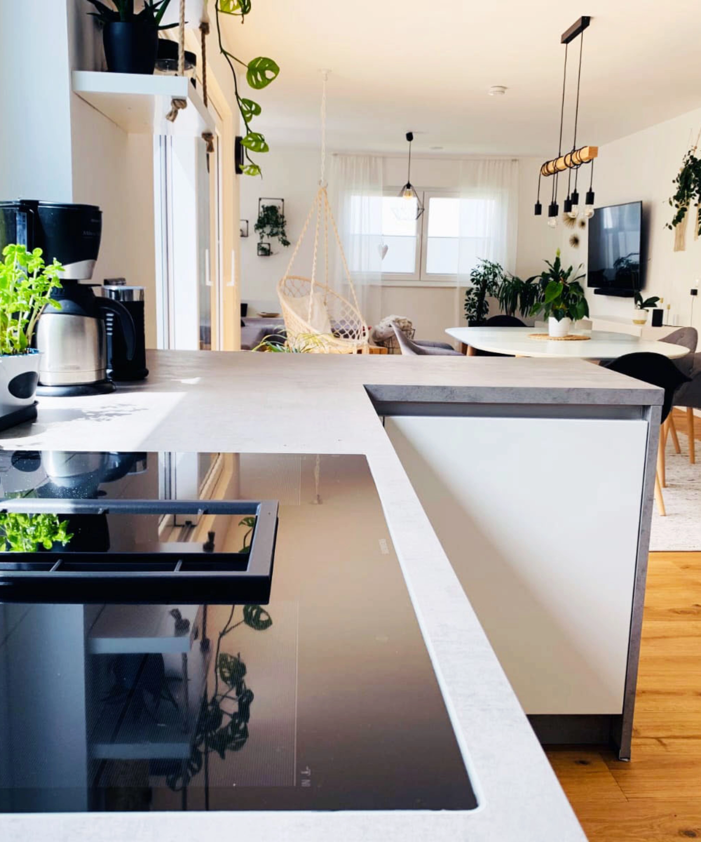 Une cuisine moderne avec des plantes et un coin repas, faisant partie de la collection Nolte Kitchen.