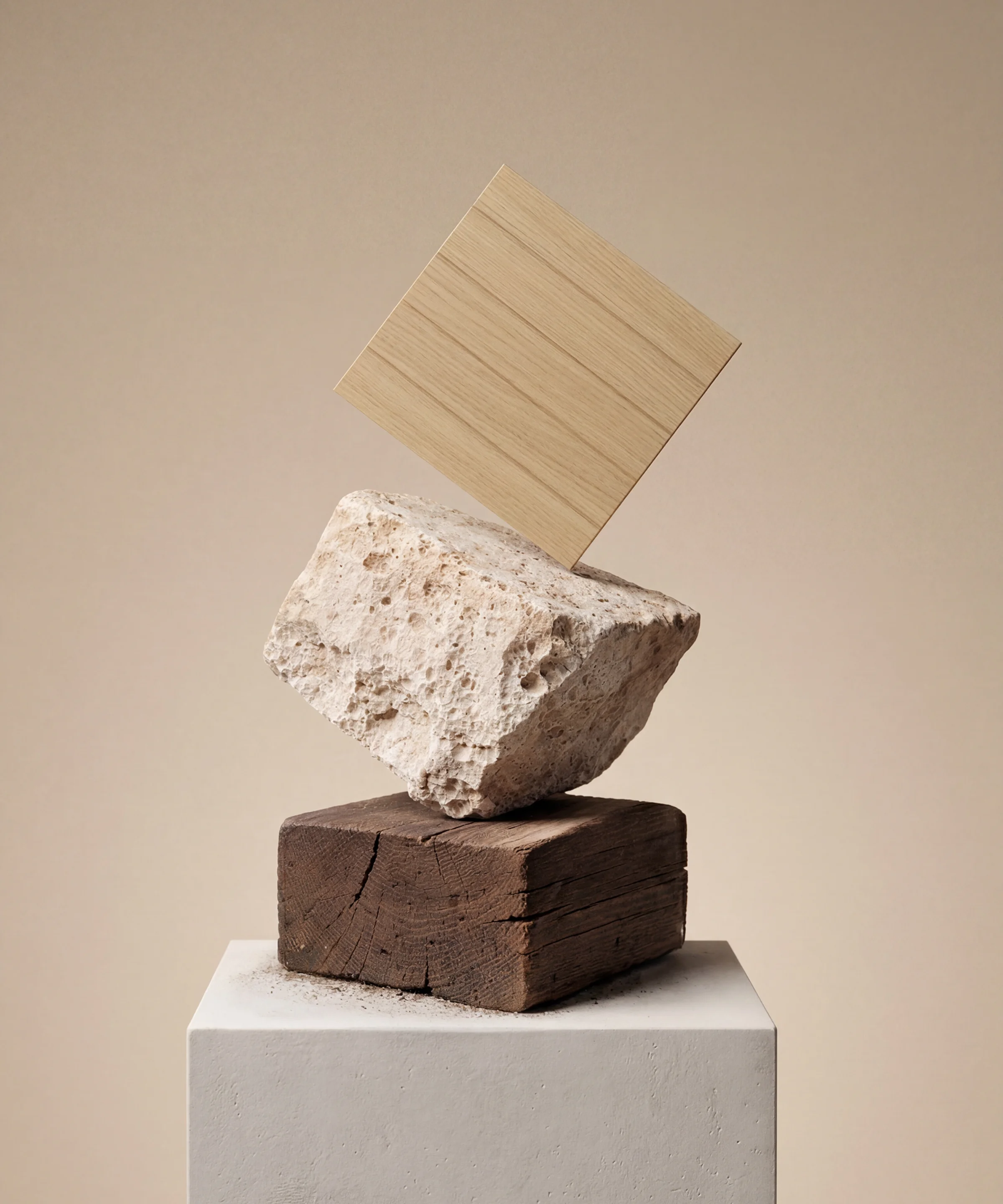 Einzigartige Materialkomposition aus Holz, Stein und Beton, die Balance symbolisiert – NolteNeo.