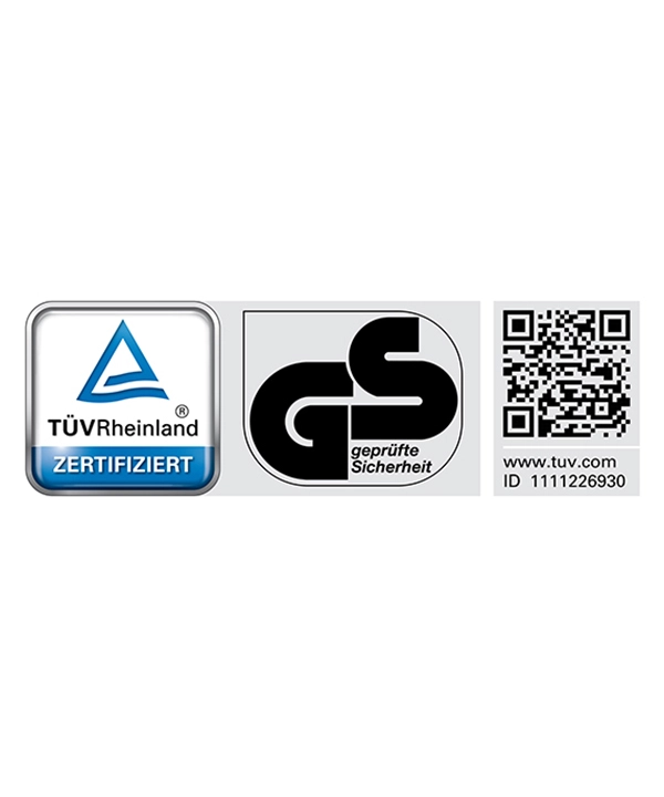 Un sceau de sécurité certifié TÜV Rheinland et GS avec code QR.