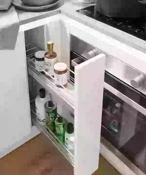 Un placard de cuisine ouvert avec épices et huiles, à côté d'une cuisinière. Nolte Kitchen.