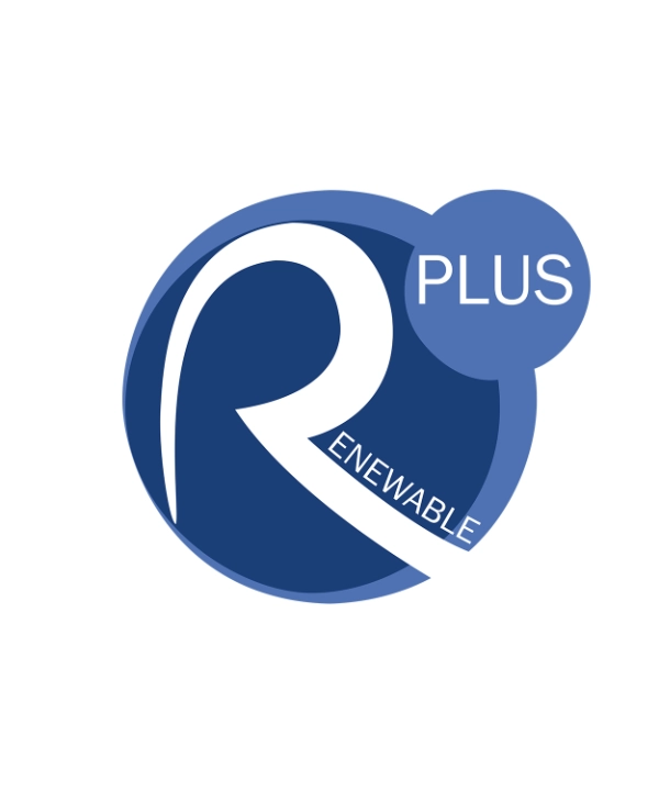 Ein blaues Logo mit den Wörtern "Renewable Plus" in einem kreisförmigen Design.
